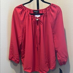 Red Tie Front Relaxed Blouse with 3/4 Sleeves